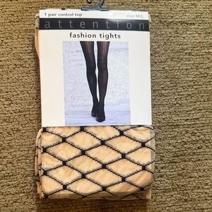Attention Beige and Black Diamond Pattern Tights